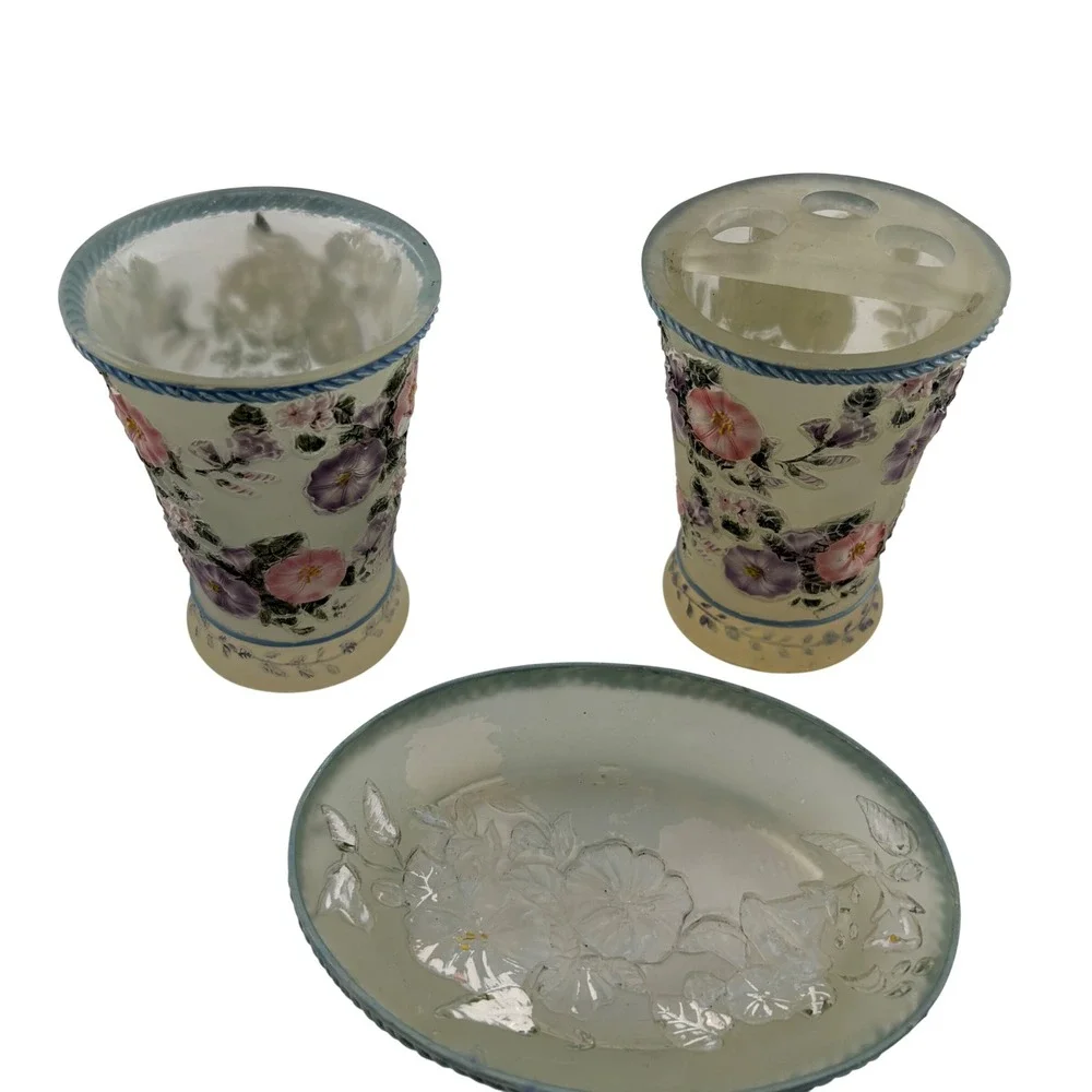 Vtg 80s Ceramic Floral Bathroom Vanity Set Toothbrush Holder Soap Dish Blue 3pc